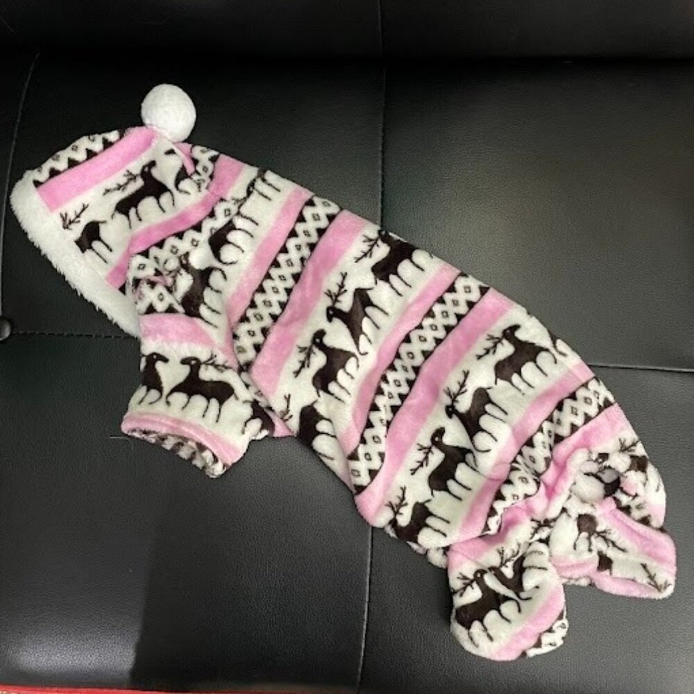 Plush Dog Jacket with Deer, and Pink and White Stripes   Brand New